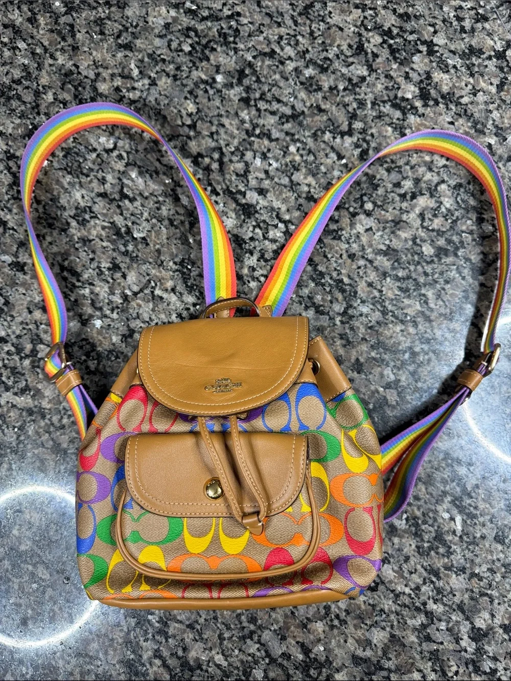Coach Mini Backpack in Tan Leather with Rainbow Signature Print